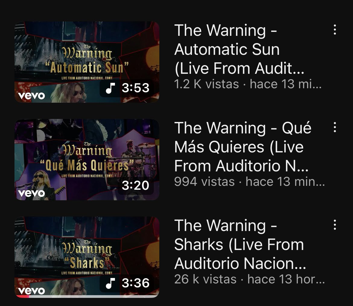 TheWarningArg's tweet image. 📹 “Sharks”, “Qué Más Quieres” y “Automatic Sun” en vivo desde el Auditorio Nacional ya están disponibles en el canal de youtube de The Warning.
youtube.com/@thewarning?si…