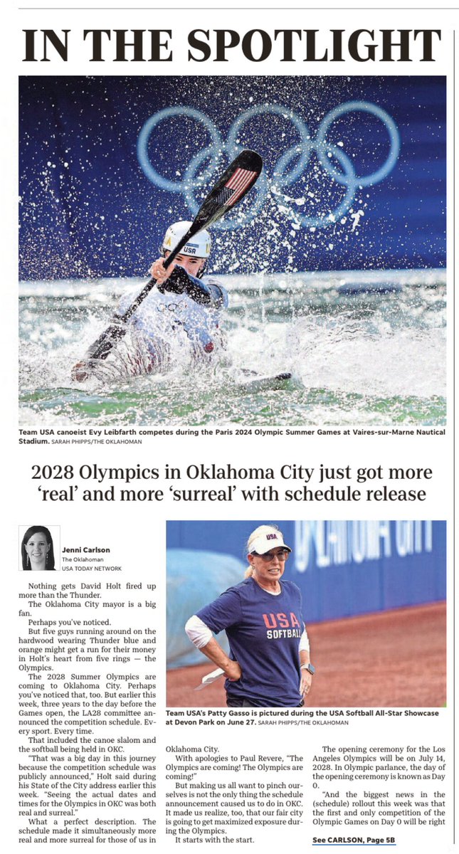 davidfholt's tweet image. Great column by Jenni Carlson today in The Oklahoman highlighting last week’s release of the 2028 Los Angeles Olympics schedule for OKC. Sixteen straight days of events!