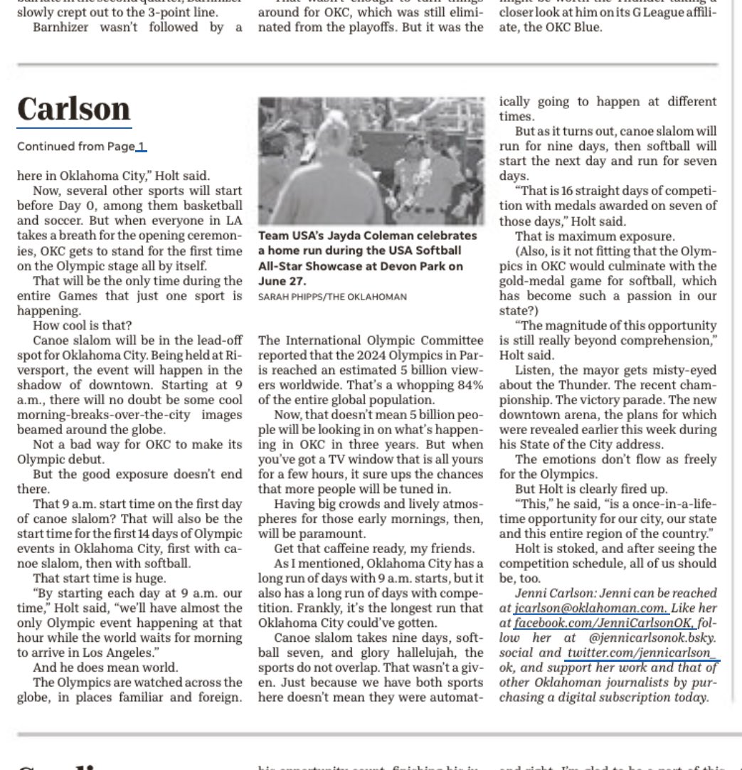 davidfholt's tweet image. Great column by Jenni Carlson today in The Oklahoman highlighting last week’s release of the 2028 Los Angeles Olympics schedule for OKC. Sixteen straight days of events!
