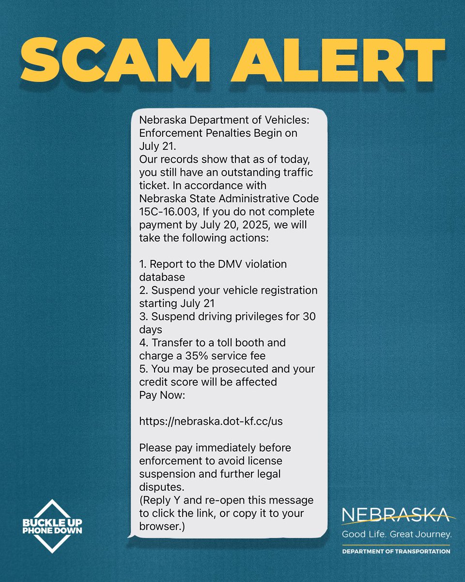 NebraskaDOT's tweet image. SCAM ALERT!
If you receive a text message like this one, DO NOT CLICK THE LINK.
While it appears to be an NDOT link, it is not legitimate.
Instead, report the message as junk and delete it.
The Nebraska DMV does not send any official notice via text message