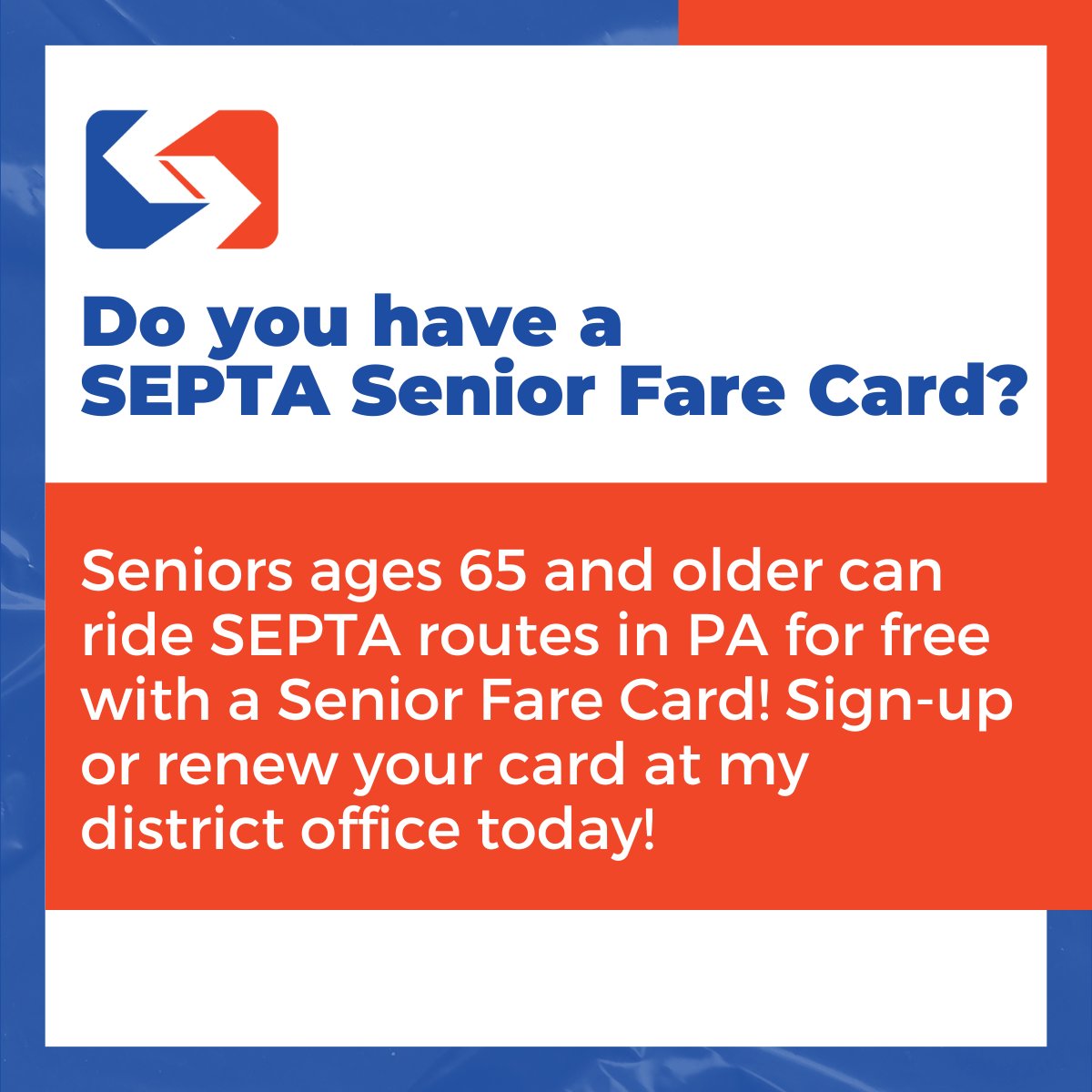 PhillyHouseDs's tweet image. As we continue to work on a #PaBudget solution for SEPTA, don’t forget that seniors ride FREE with a SEPTA Senior Fare Card. Get yours started or renewed with your state Rep. Find your local office at PhillyHouseDs.com & read more in today’s Inquirer
inquirer.com/transportation…