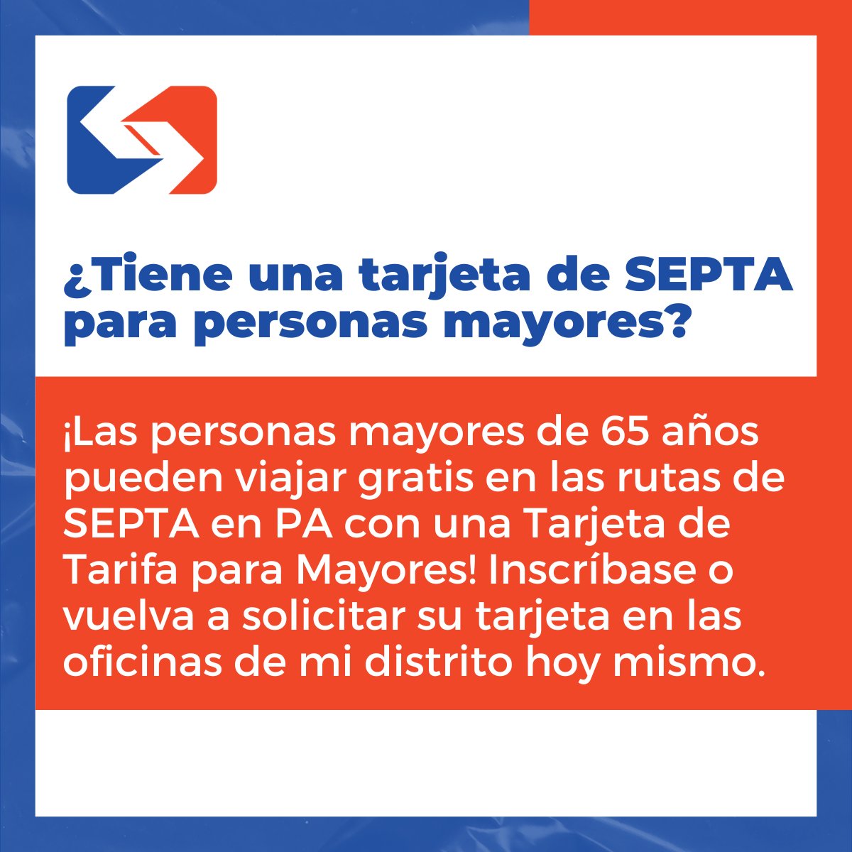 PhillyHouseDs's tweet image. As we continue to work on a #PaBudget solution for SEPTA, don’t forget that seniors ride FREE with a SEPTA Senior Fare Card. Get yours started or renewed with your state Rep. Find your local office at PhillyHouseDs.com & read more in today’s Inquirer
inquirer.com/transportation…