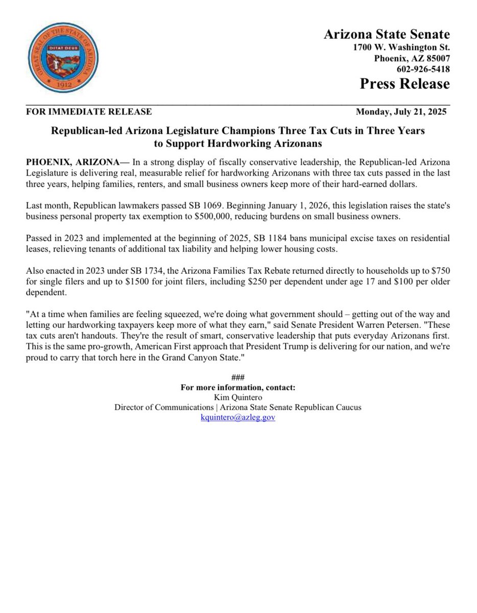 AZSenateGOP's tweet image. 🚨FOR IMMEDIATE RELEASE: Republican-led Arizona Legislature Champions Three Tax Cuts in Three Years to Support Hardworking Arizonans
Full press release: azsenaterepublicans.gov/post/republica…
@votewarren
