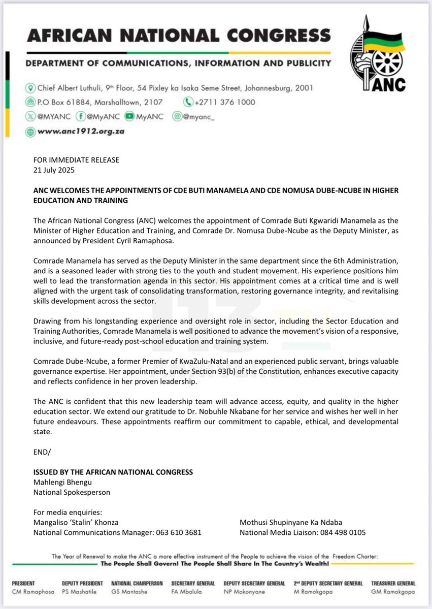 MbalulaFikile's tweet image. ANC WELCOMES THE APPOINTMENTS OF CDE BUTI MANAMELA AND CDE NOMUSA DUBE-NCUBE IN HIGHER EDUCATION AND TRAINING