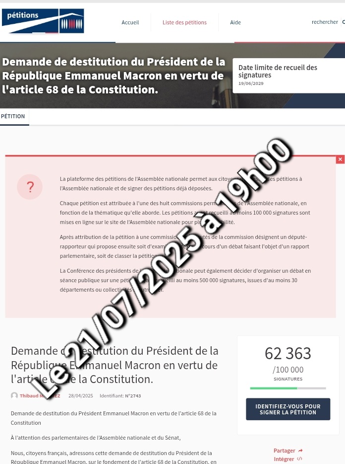 🚀 Coup d'accélérateur pour la pétition de destitution de Macron !
📈 En à peine 48h, on est passés de 58 000 à plus de 62 000 signatures !
Et ce n’est que le début… 🔥

👉 petitions.assemblee-nationale.fr/initiatives/i-…

⚖️ À 500 000, l’Assemblée devra obligatoirement ouvrir un débat public sur la