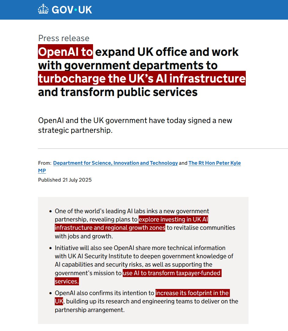 disclosetv's tweet image. JUST IN - OpenAI and UK government sign new "strategic partnership" to "turbocharge the UK’s AI infrastructure and transform public services."