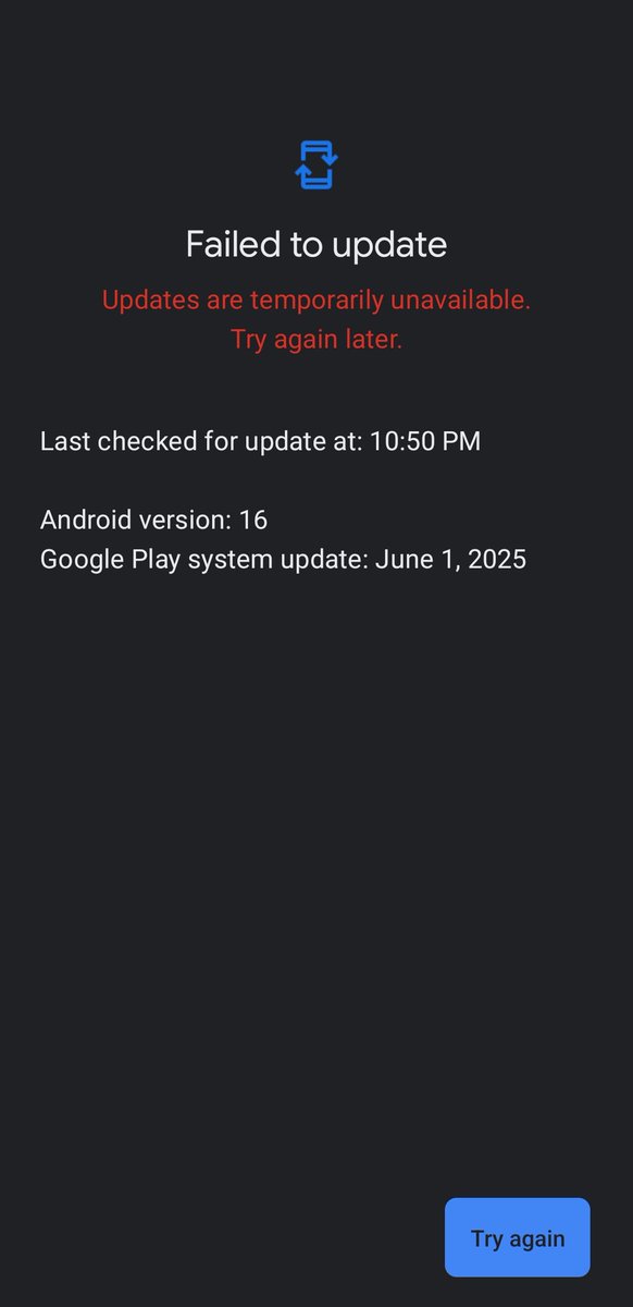 How many of you are stuck with this too? 👇
"Failed to update – Updates are temporarily unavailable. Try again later."
Running Android 16 with the last Google Play system update from June 1, 2025. 😑

Anyone found a fix yet?
