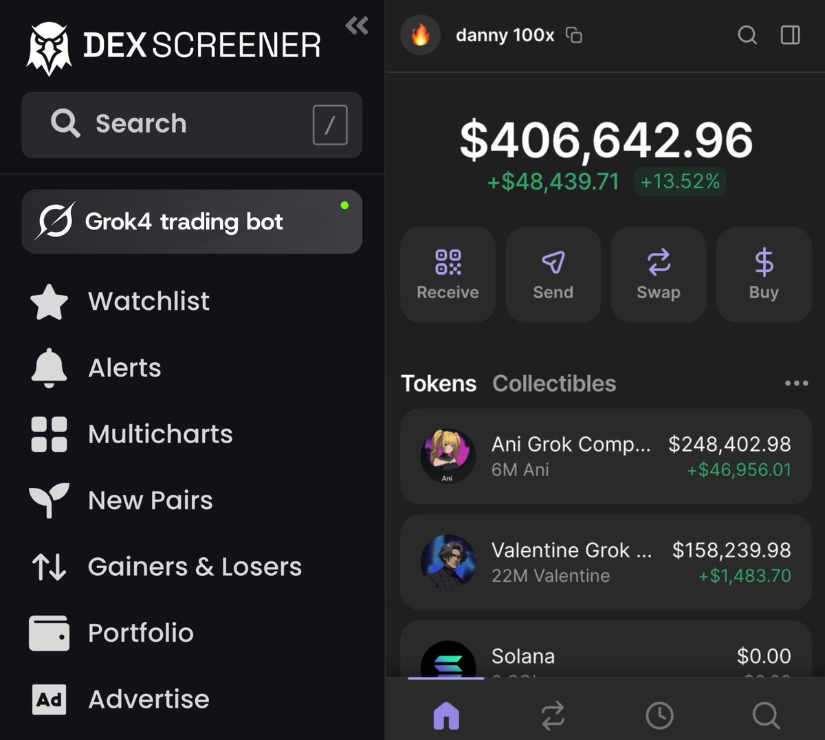 Danny_Crypton's tweet image. U had 24h.. Built a Grok4 bot, connect to DexScreener API..
it caught $Ani at $596K MC (134x)
and #Valentine at $148K MC (101x)
My $500 → $406K in one week.
Wanna know how to set up this bot in 10 mins? I got u 👇