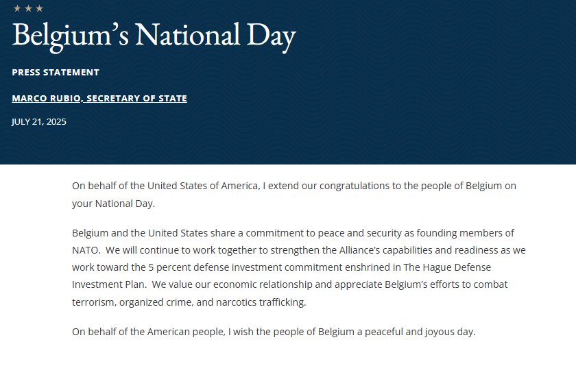 usembbrussels's tweet image. .@SecRubio: On behalf of the United States of America, I extend our congratulations to the people of Belgium on your National Day.
Belgium and the United States share a commitment to peace and security as founding members of NATO. We will continue to work together to…