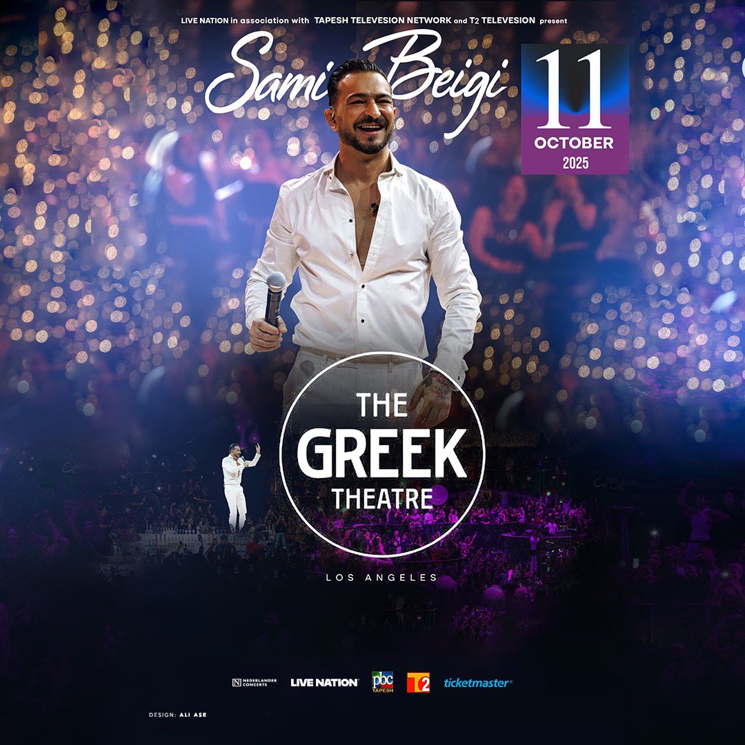 NederlanderLive's tweet image. 🌙 @SamiBeigi is bringing the energy to the @Greek_Theatre on Sat, October 11th! This is going to be a night full of Persian pop hits you don&apos;t want to miss.

Tickets go on sale on Friday at 10am: ticketmaster.com/event/090062F2…