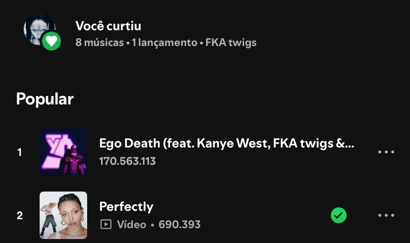 InfoFKATwigs's tweet image. “Perfectly” subiu pro segundo lugar de músicas que mais recebem streams no perfil da Twigs.