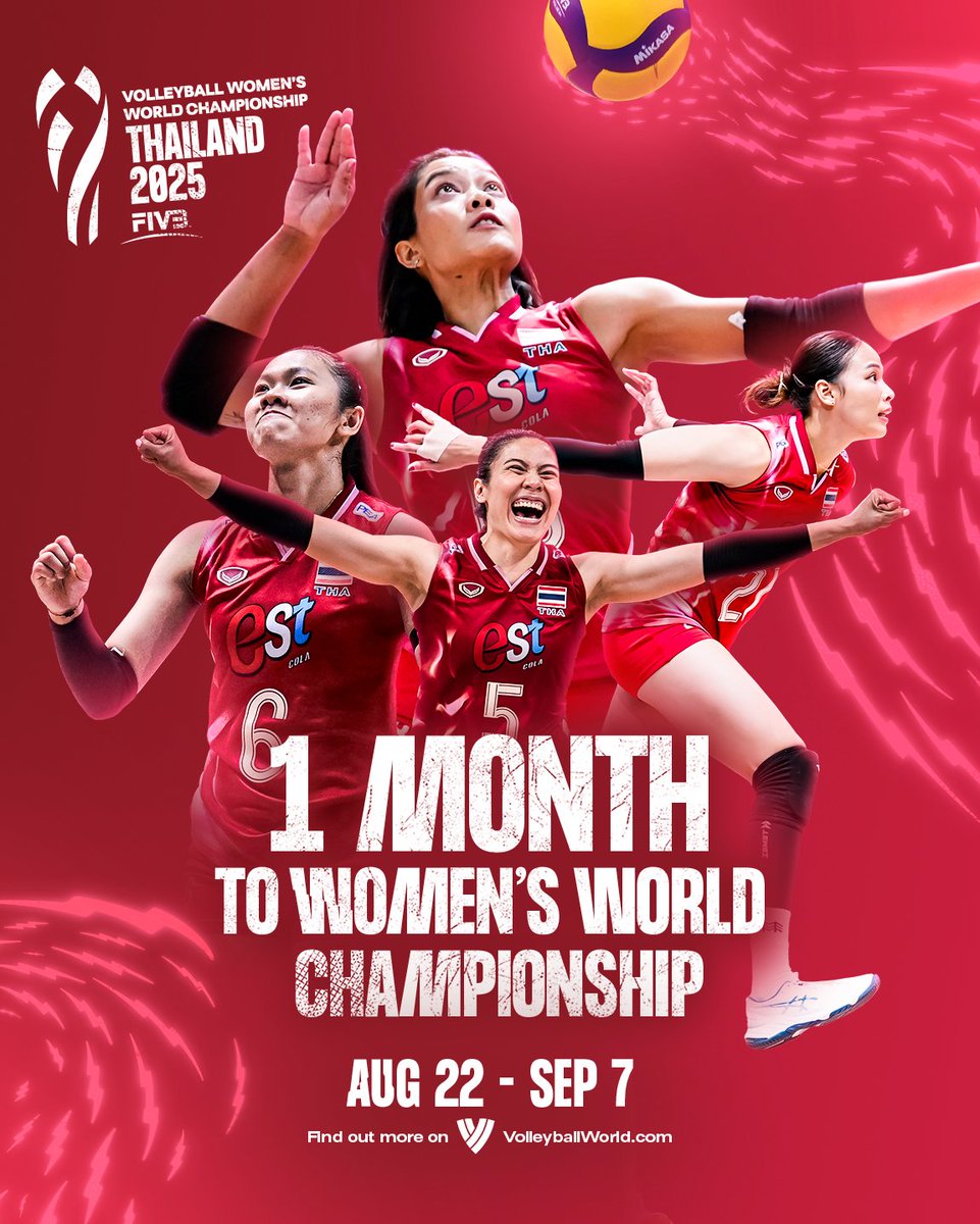 volleyballworld's tweet photo. Just 1 month to go until the biggest stage of them all! 🌍🔥

The Women’s World Championship Thailand 2025 🇹🇭 is almost here — are you ready? 👀🏐

#Volleyball #WWCH2025 https://t.co/QwaTMtdQuW