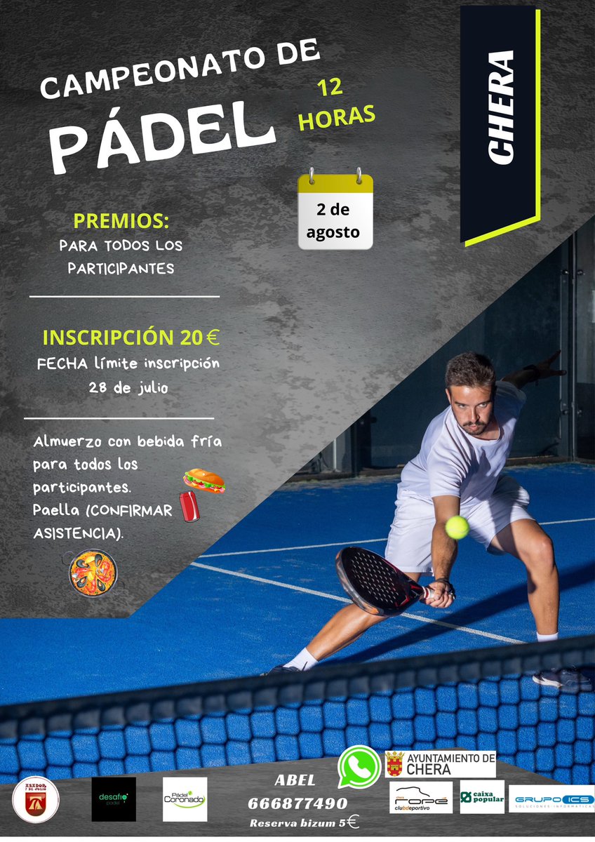 ¡Atención amantes del pádel!🎾🔥
El próximo 2 de agosto #Chera celebra un Campeonato de Pádel de 12 horas💪

📅 Inscripciones abiertas hasta el 28 de julio en el 666 877 490📞

🥇Premios para todos los participantes
🍽️Almuerzo incluido con bebida fría

¡No te lo puedes perder!💥