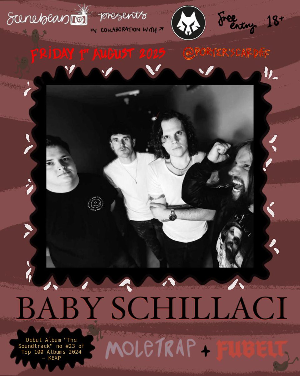 Beast PR &amp; #SceneBean Presents  An un-holy spectacle of the finest  Welsh Noise-Rock, Post-Punk and Alternative Music on 1st of August <a href="/Porterscardiff/">Porter’s Cardiff</a> featuring <a href="/baby_schillaci/">Baby Schillaci</a> #Fubelt and #Moletrap Free Entry Doors at 8pm / Merch For Sale #LiveMusic