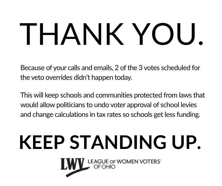 lwvohio's tweet image. 🏛Today, the Ohio House met to vote on 3 veto overrides Governor DeWine issued before signing the budget last month, but stopped the vote after passing 1 override. ☎️We believe it's because they didn't have the votes to override the other 2, and that's because of YOU— your calls…