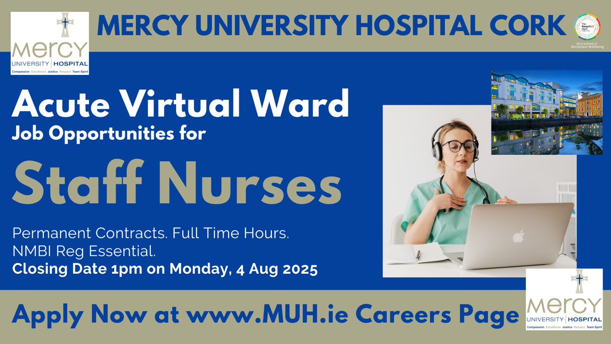 DeeORiordan8's tweet image. 💥 #NURSES! Amazing opp to join @Mercycork&apos;s #ACUTEVIRTUALWARD!

Hiring #StaffNurses
✔FT Hours, Perm Contract.
✔Salary Range €36,919 to €54,928
✔Closing Date 1pm Mon, 4th Aug 2025

See: api.occupop.com/shared/job/sta…

Full #NMBI reg required.

#HSEJobs #NHSJobs #Nursingjobs