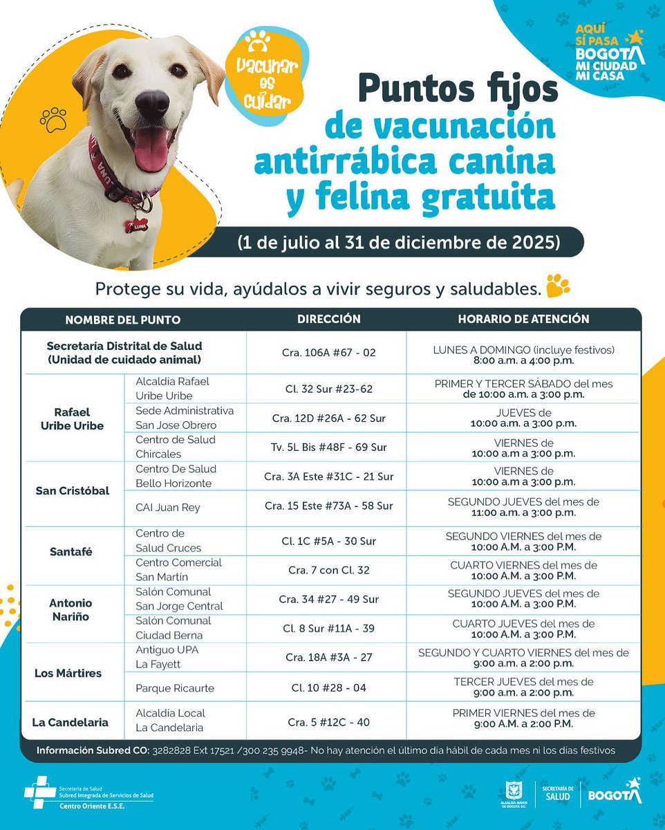 ¡🐾Vacunar es cuidar! 🐾
Del 1 de julio al 31 de diciembre de 2025, acércate a los puntos fijos de vacunación antirrábica gratuita para perros y gatos en Bogotá.

🦴 Protege la vida de tus peluditos y ayúdalos a vivir sanos y seguros.
📍Consulta el punto más cercano y su horario.