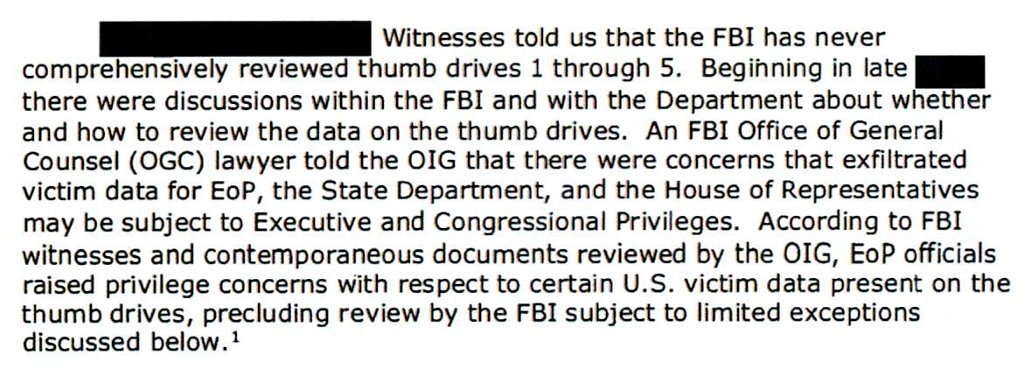 emilyakopp's tweet image. Docs declassified by @ChuckGrassley reveal thumb drives of evidence related to Hillary Clinton's private email server were not thoroughly investigated by the FBI in part due to executive privilege invoked by the White House ("EoP"). Like last week's docs, OBAMA is central.