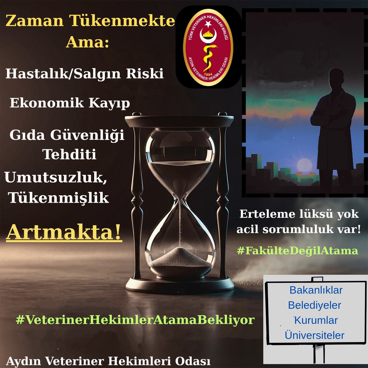 Zaman Tükeniyor!
Kamu atamalarındaki her gecikme, halk sağlığı, gıda güvenliği ve hayvancılık için ağır bedeller doğuruyor.

Bakanlıklar, kurumlar ve üniversiteler acil sorumluluk almak zorunda!

#FakülteDeğilAtama
#VeterinerHekimlerAtamaBekliyor
#Kamuya10000VeterinerHekim