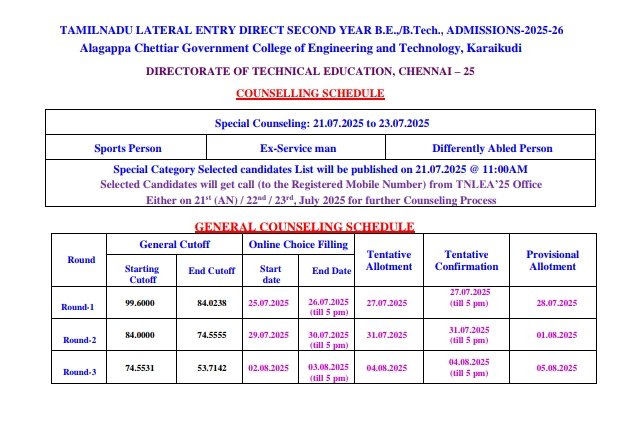 MRK_POLLACHI's tweet image. #TNLEA - #TAMILNADU LATERAL ENTRY DIRECT SECOND YEAR B.E., / B.Tech., ADMISSIONS 2025-2026
COUNSELLING SCHEDULE
