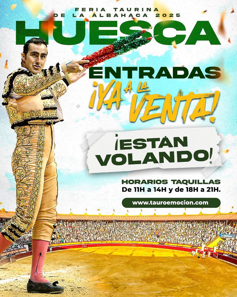 Tauroemoción (@tauroemocion) on Twitter photo ðð€ ¡ððŠð§ðÌð¡ ð©ð¢ððð¡ðð¢! Compra tus entradas para la feria de Huesca. Del 2 al 15 de agosto, ¡ðð ðð¢ð¥ððð¢Ìð¡ ðð ðð ððððŠð§ð!
ðšðš ¡ðð¡ð§ð¥ððððŠ ðŠðšððð§ððŠ ð ðð ð©ðð¡ð§ð! En las taquillas de la plaza de toros y tauroemocion.es ðð€ ¡ððŠð§ðÌð¡ ð©ð¢ððð¡ðð¢! Compra tus entradas para la feria de Huesca. Del 2 al 15 de agosto, ¡ðð ðð¢ð¥ððð¢Ìð¡ ðð ðð ððððŠð§ð!
ðšðš ¡ðð¡ð§ð¥ððððŠ ðŠðšððð§ððŠ ð ðð ð©ðð¡ð§ð! En las taquillas de la plaza de toros y tauroemocion.es