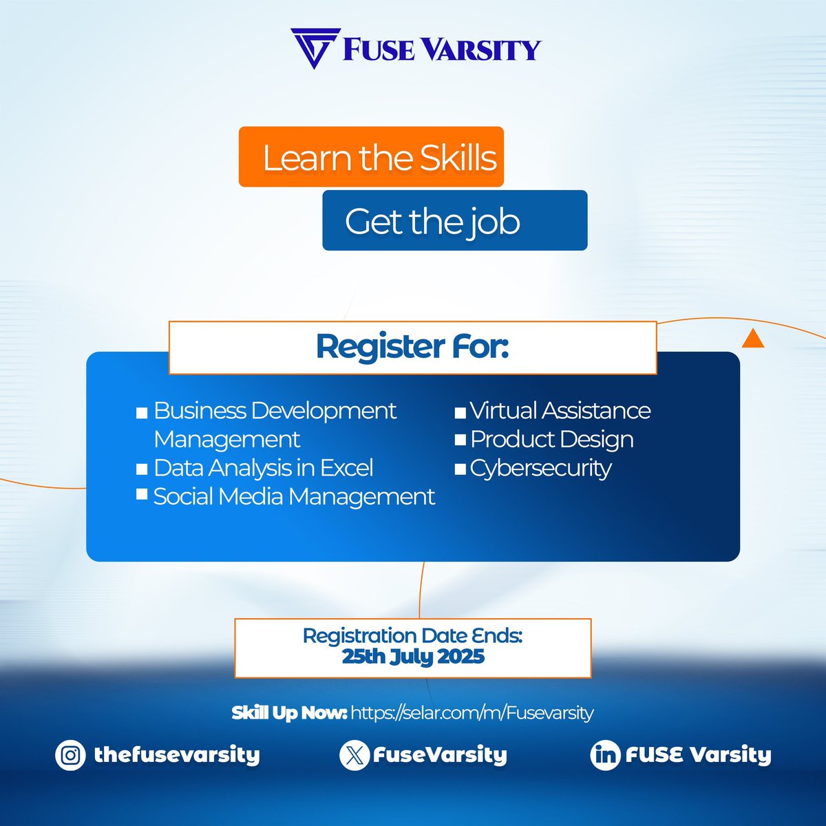 mojubaoluwa_a's tweet image. Looking to upskill in these career paths?
- Business Development Management
- Data Analysis in Excel
- Social Media Management
- Virtual Assistance
- Product Design
- Cybersecurity
FUSE Varsity is where it’s at. Head over to selar.com/m/Fusevarsity now. 💙