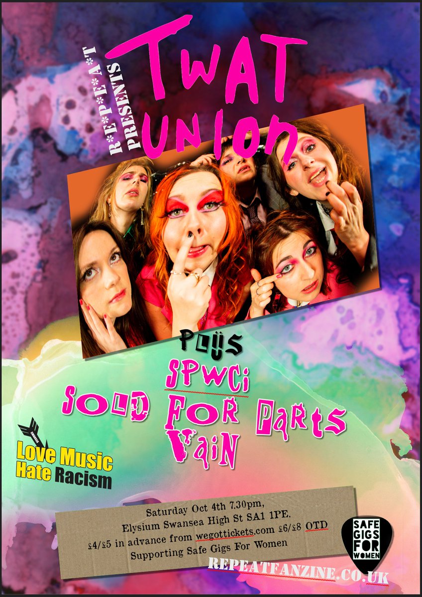 Shocked &amp; delighted to have booked Guardian 'ones to watch' Twat Union for a Safe Gigs 4 Women show in Elysium in October. 
Described by <a href="/Joyzineuk/">Joyzine</a> as '"loud, proud, and unapologetically feminist...they are incredible live. 
Tickets ££s cheaper in advance, wegottickets.com/event/670248
