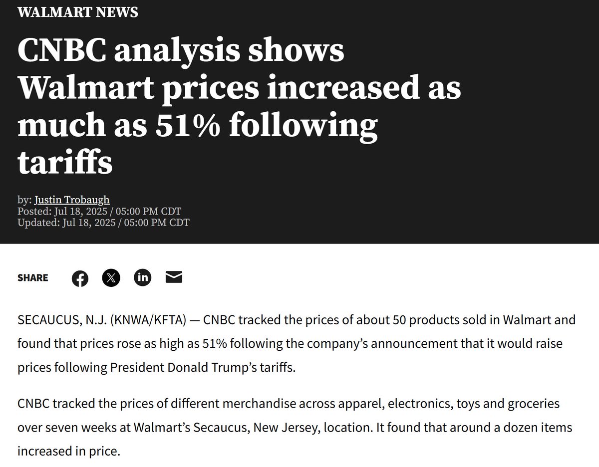 mmpadellan's tweet image. HOLY SHIT, thanks to trump's tariffs, Walmart prices have been jacked as high as 51 PERCENT!!!
Who the fuck voted for THAT???
nwahomepage.com/news/walmart-n…