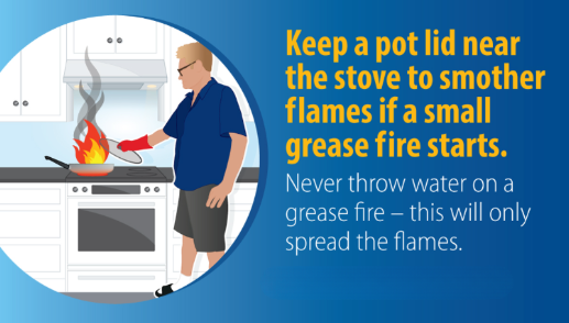 When cooking 🍳 it is important to always stay in the kitchen. Fires are fast and can spread quickly. 
If you have a fire in your pan use a proper fitting lid and slide it on. Turn off your stove and leave it until it cools. 
Never throw water on a grease fire. 
#KitchenFires