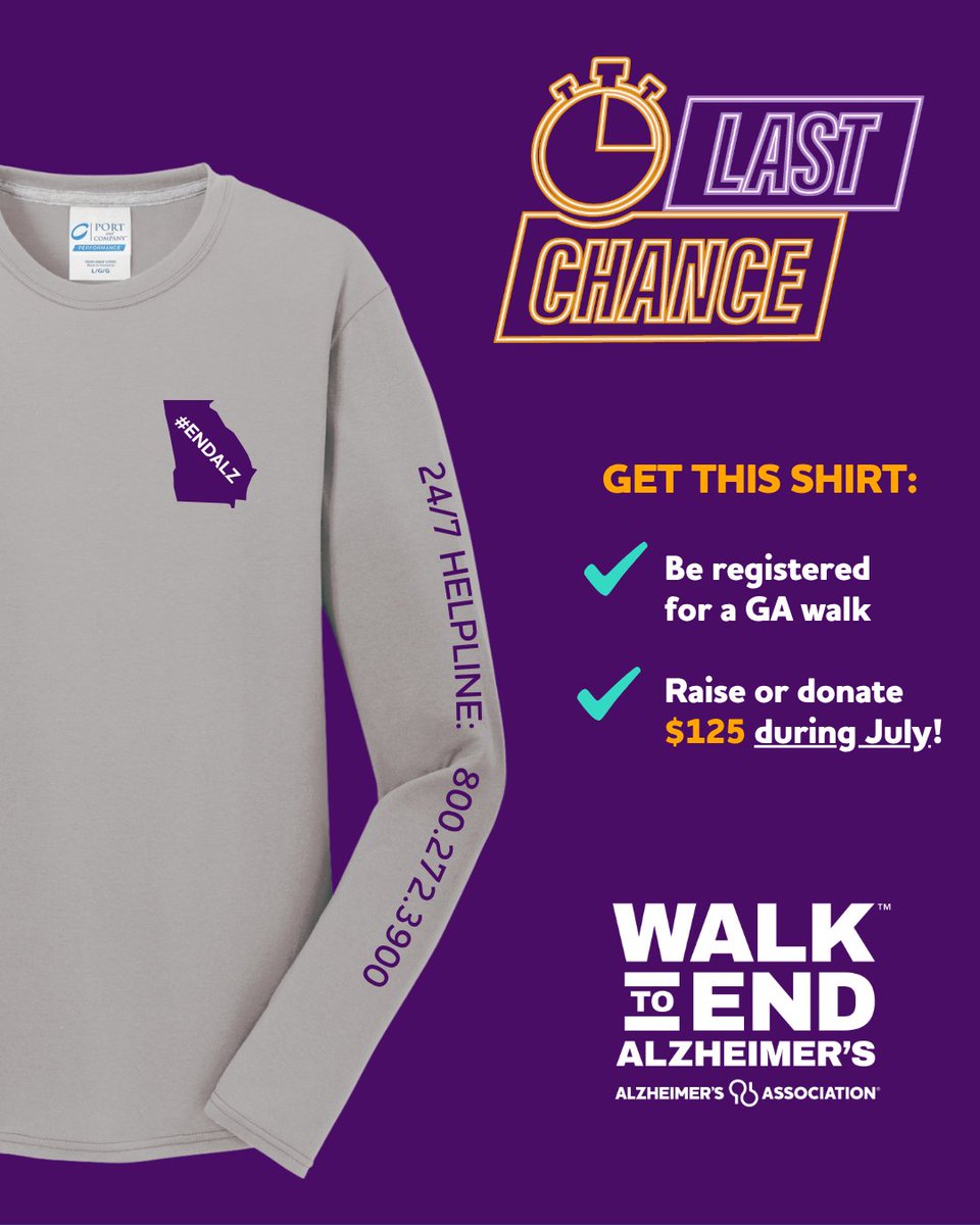 AlzGA's tweet image. You can still earn this dri-fit #Walk2EndAlz shirt - but it's ONLY available through July 31! All registered walkers in Georgia who raise or donate $125 during the month of July will earn this shirt, so get started today at georgiawalk.org!
