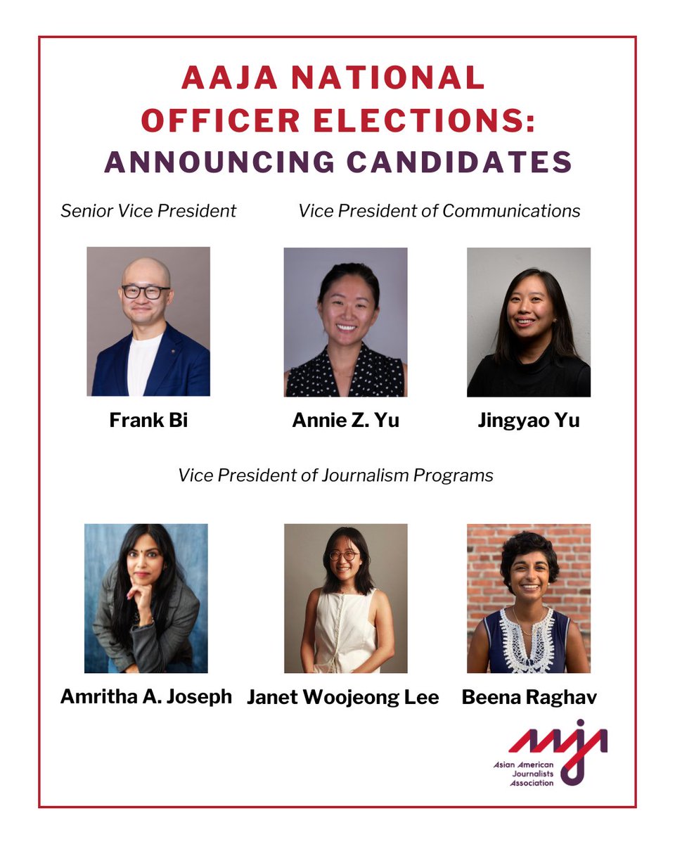 aaja's tweet image. Announcing AAJA’s National Officer Elections candidates! Voting is now open for the 2026-2027 term until Thursday, July 31. Go to aaja.org/elections to learn more and hear from the candidates at our Candidate Forum on Thursday, July 23.