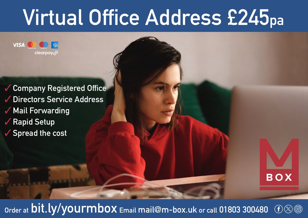 Running a business from home? 👨🏻‍💻

Get your own Virtual Office Address for only £245pa 📬

✅ Company Registered Office
✅ Directors Service Address
✅ Alternative to a P O Box
✅ Rapid Setup
✅ Spread the cost with Clearpay

🛒 Order online now ⬇️

square.link/u/Rf6XFtLp