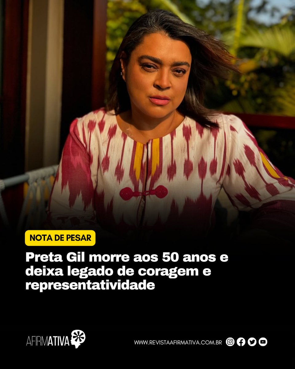 RAfirmativa's tweet image. Morreu neste domingo (20), aos 50 anos, a cantora Preta Gil, em decorrência de complicações de um câncer no intestino. Mulher preta e bissexual, ela fez da vida pública um ato de coragem, arte e luta.

Leia: revistaafirmativa.com.br/preta-gil-morr…

#Luto #PretaGil