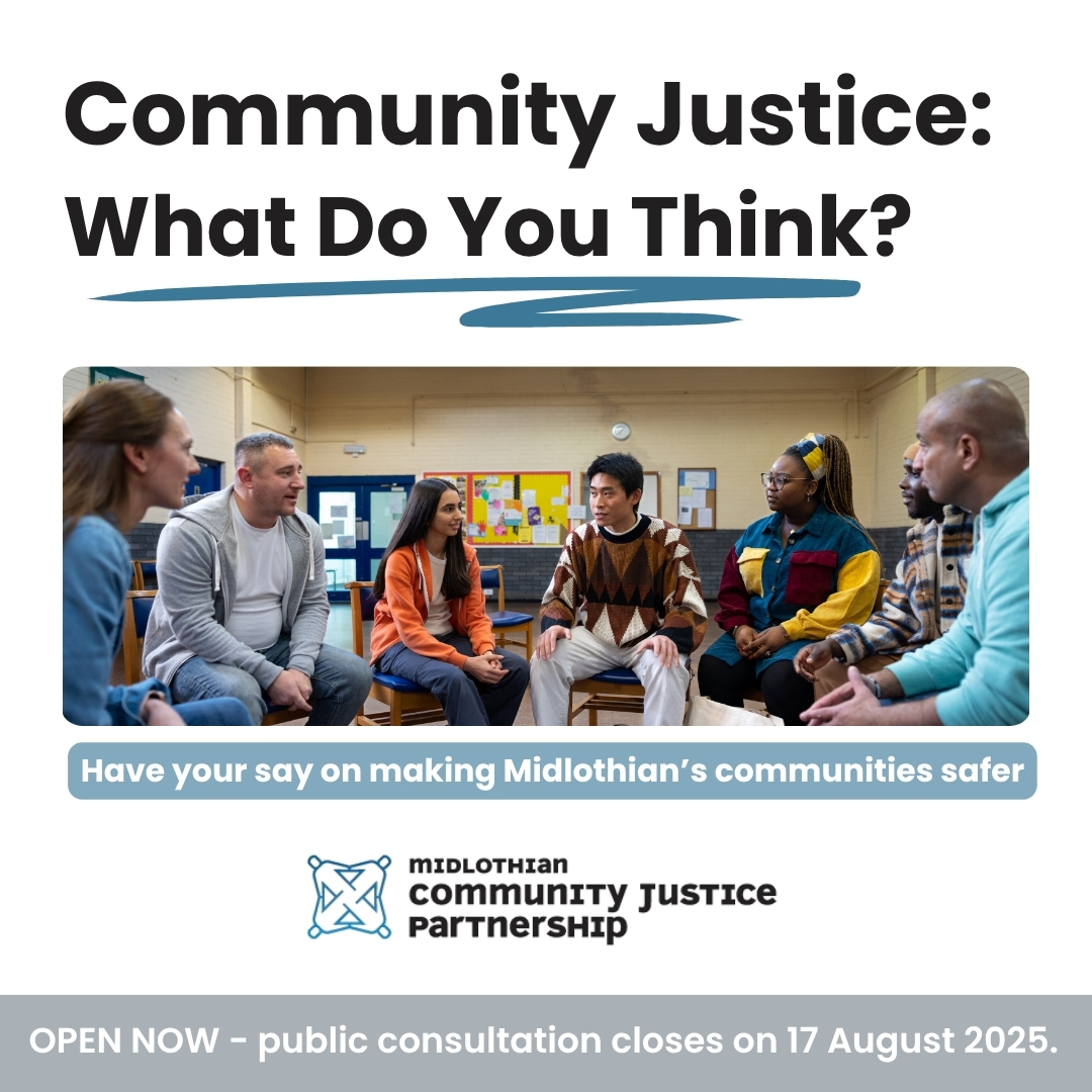 midgov's tweet image. What would make your area safer – tell us what you think?
If you live, work or study in Midlothian and are aged 12+, take part in our short Community Justice consultation today: ow.ly/s7RX50Wnx1W