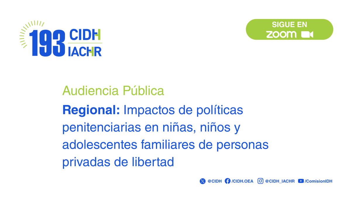 CIDH's tweet image. Te invitamos a conectarte a la audiencia regional sobre impactos de políticas penitenciarias en niñas, niños y adolescentes familiares de personas presas.
🔴 Síguela por Zoom, con interpretación, registrandote aquí 👉 ow.ly/EGg550WrnXy
También puedes verla en vivo por…