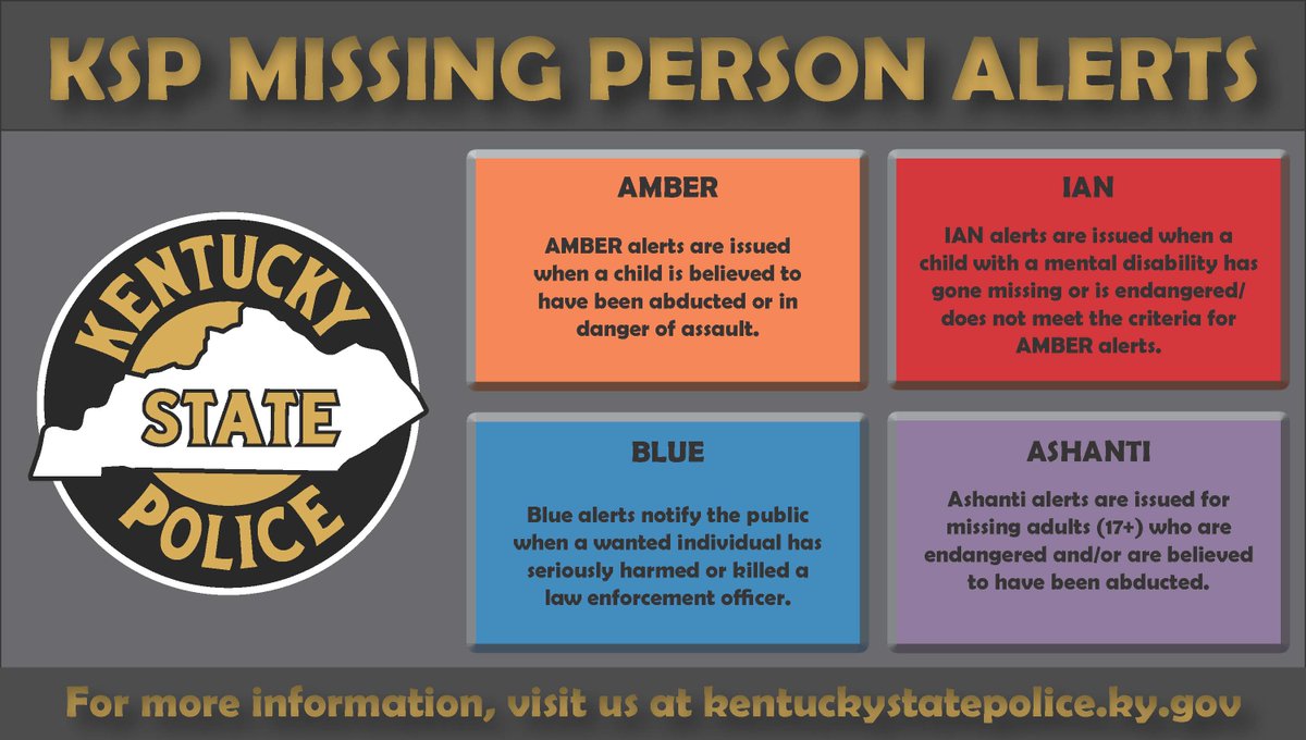 kystatepolice's tweet image. Do You Know the Difference?
When someone goes missing, every second counts. That’s why KSP uses several types of alerts to help locate missing individuals as quickly as possible.
Knowing this information could help bring someone home safely.
Learn more: kentuckystatepolice.ky.gov/missing