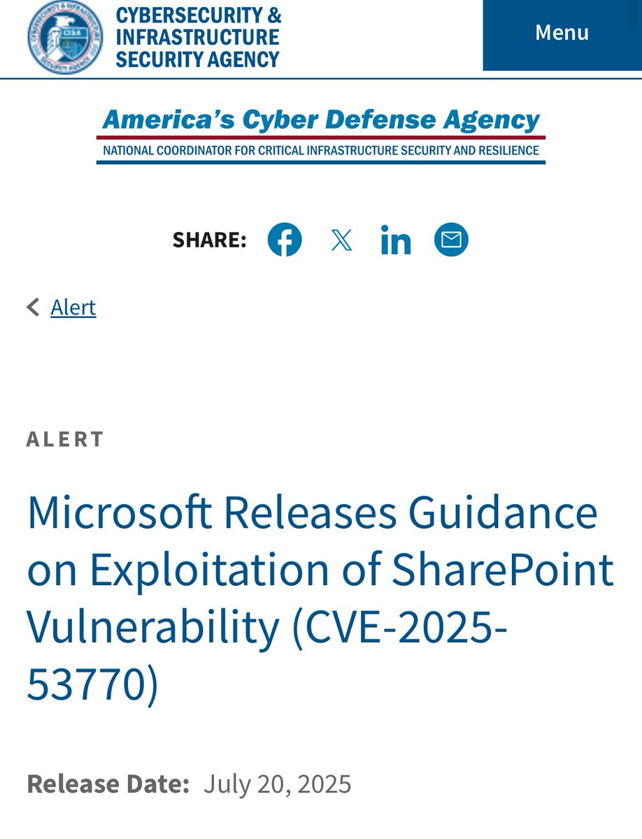 LundukeJournal's tweet image. Have a Microsoft SharePoint server? There’s a new remote exploit which allows an attacker to “fully access SharePoint content, including file systems and internal configurations, and execute code over the network”.
cisa.gov/news-events/al…
Microsoft has just published a patch…
