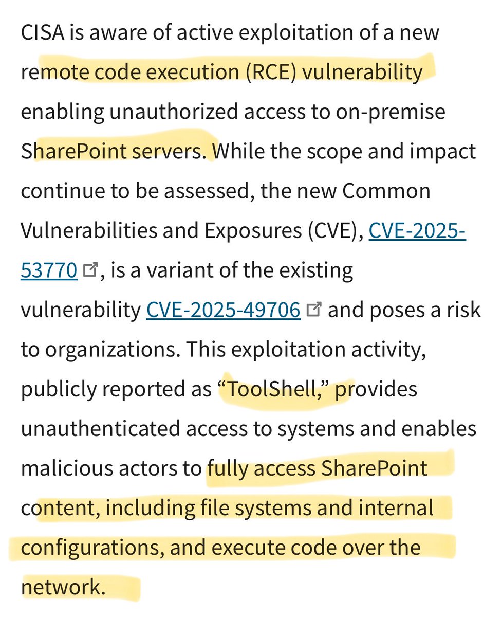 LundukeJournal's tweet image. Have a Microsoft SharePoint server? There’s a new remote exploit which allows an attacker to “fully access SharePoint content, including file systems and internal configurations, and execute code over the network”.
cisa.gov/news-events/al…
Microsoft has just published a patch…