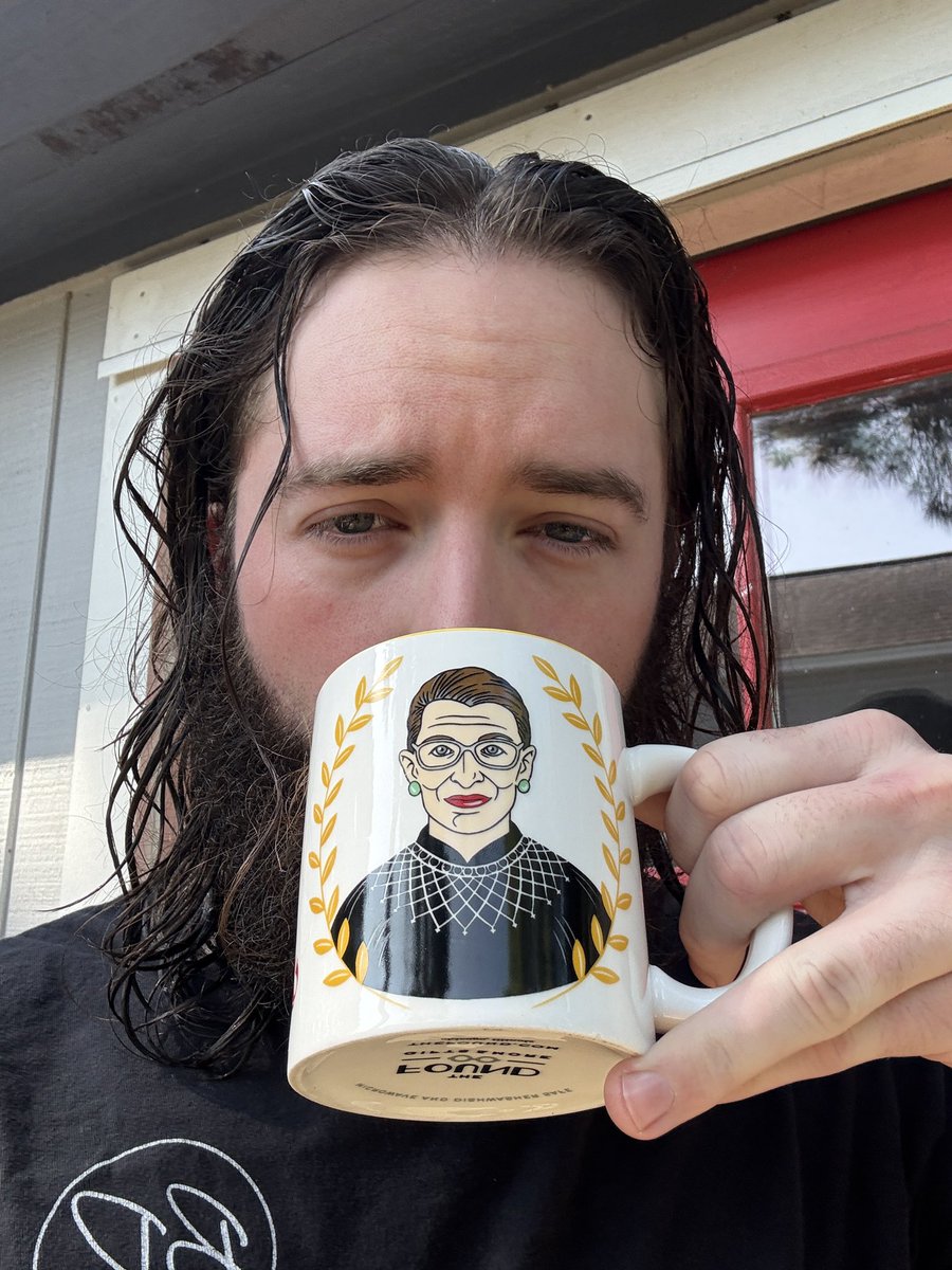 Gnomecliff's tweet image. Drinking for my Notorious RBG mug and shaking my head at trump’s tweets