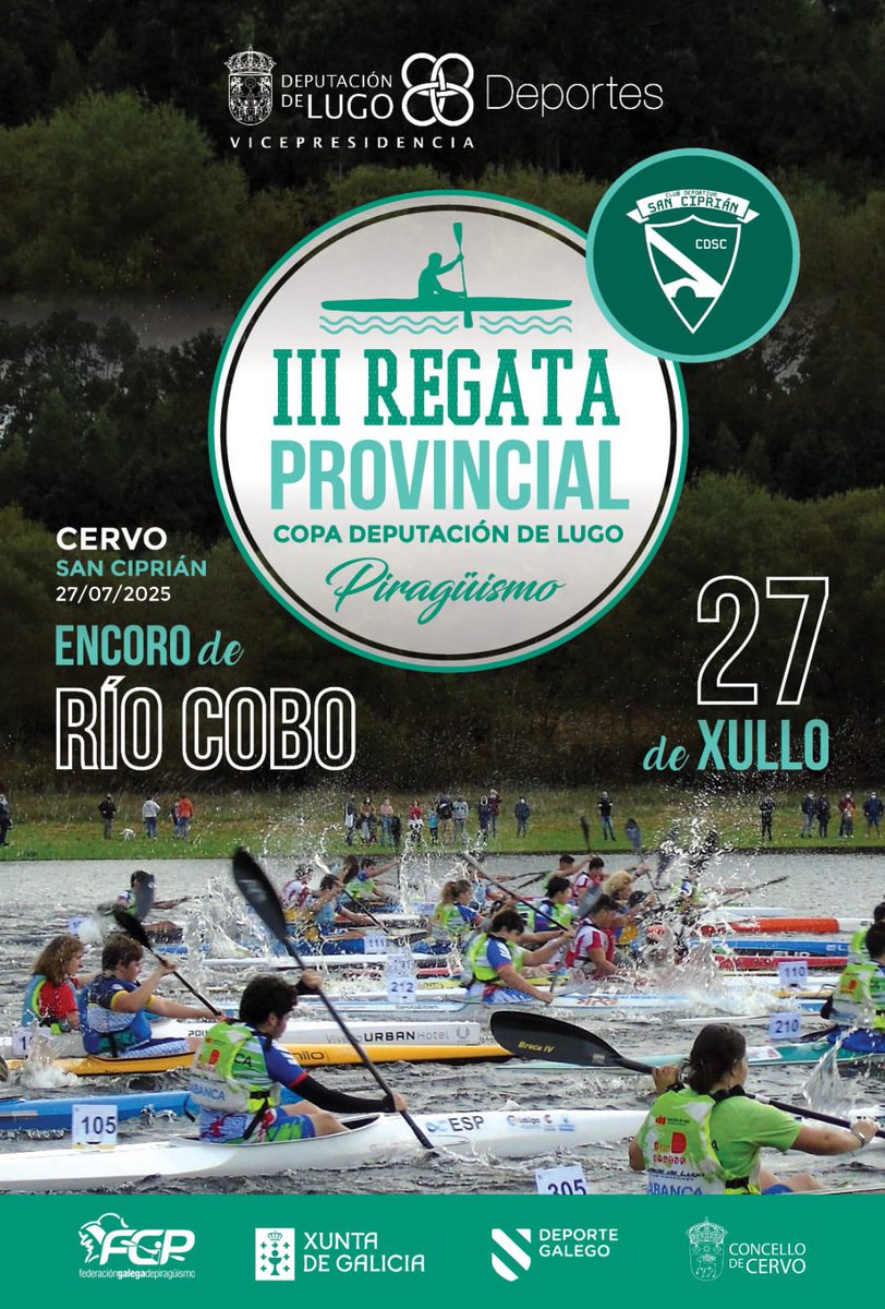 Fin de semana completo , sábado día 26 a partir das 10.00 horas VI Torneo da Maruxaina de tenis de mesa no Pavillòn da Veiga e ò domingo día 27 á partir das 10,00 horas no encoro de Río Cobo III Regata provincial da Copa Deputaciòn de Lugo.
#Cdsciprian
#comparteanosapaixon