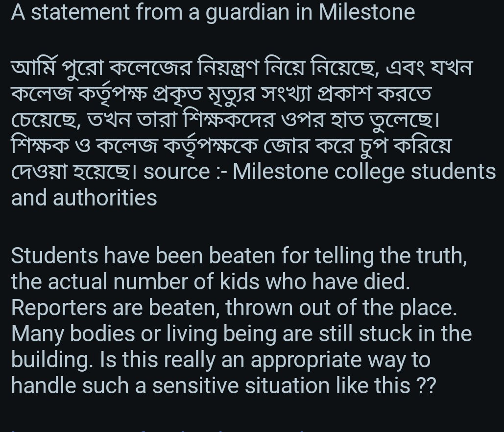 numaerK_rayeed's tweet photo. "While official media sources have reported the death toll as 20, eyewitnesses and visitors at the accident site have claimed that the actual number may exceed 200.
#planecrash 
#uttora 
#MilestoneTragedy 
#MilestoneCollege https://t.co/RibKDnPFnP