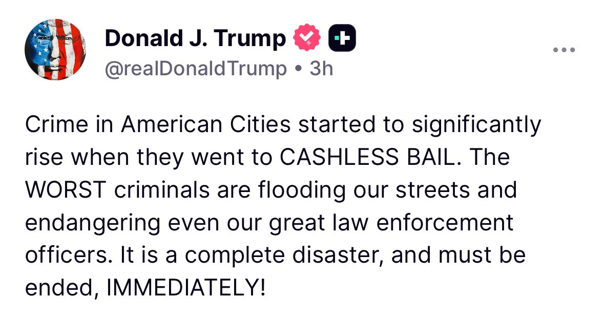 townhallcom's tweet image. ICYMI
Earlier today, President Trump called for the end of Democrats’ beloved cashless bail 🔥
“Crime in American Cities started to significantly rise when they went to CASHLESS BAIL. The WORST criminals are flooding our streets and endangering even our great law enforcement…