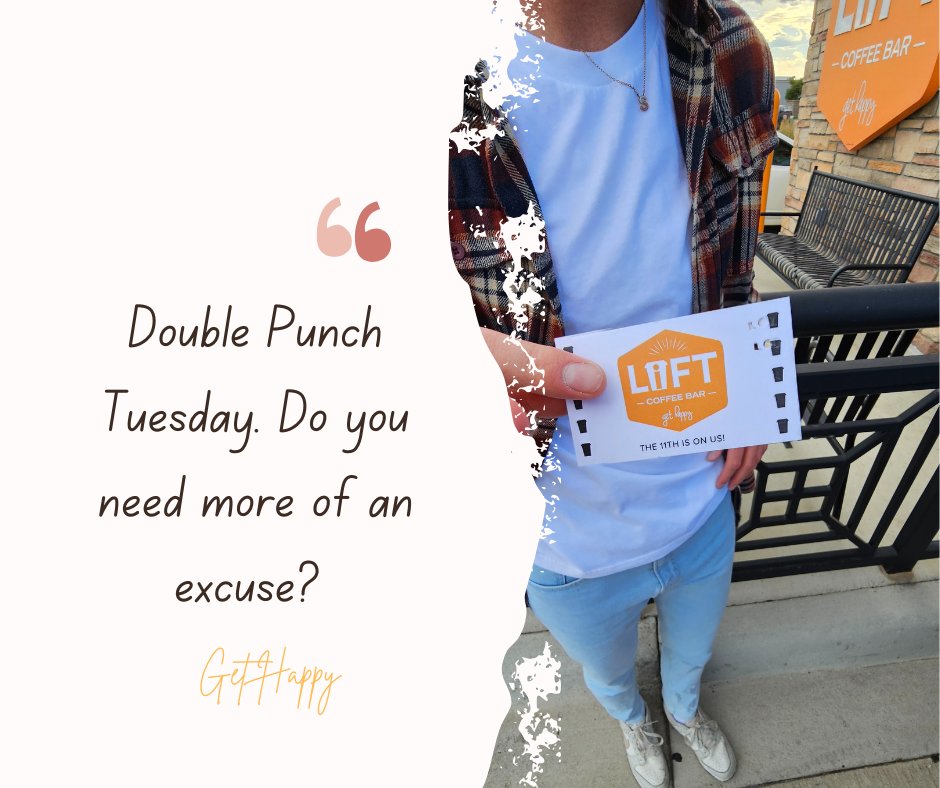 LiftCoffeeBar's tweet image. 🔥 DOUBLE PUNCH TUESDAY – JULY 22 🔥
We’re doubling up on your coffee loyalty punches! 💳💥

That’s 2 punches for every drink, all day long.

#DoublePunch #CoffeeRewards #LiftCoffeeBar #GetHappy #specialtycoffee #GetLifted #Cheers