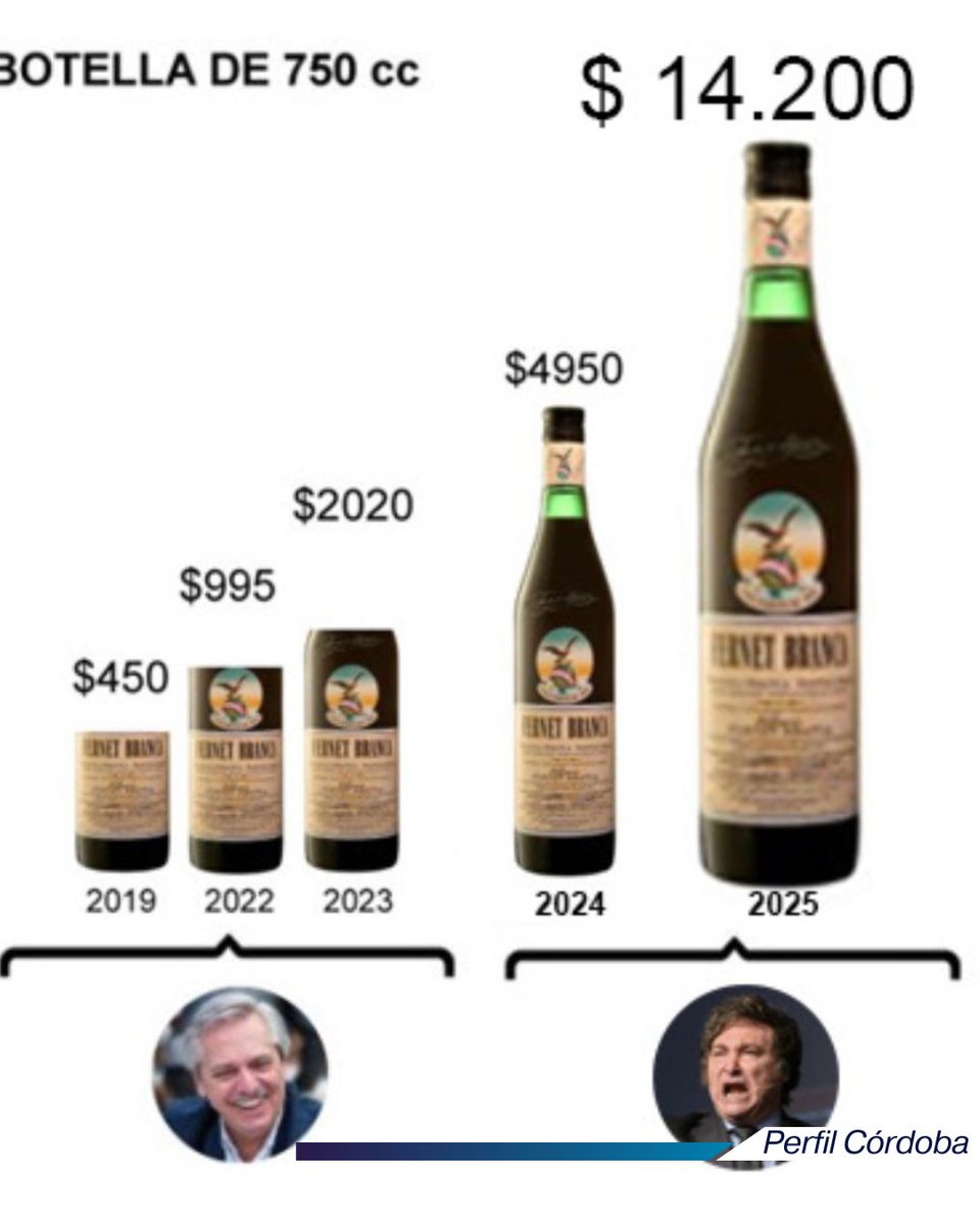 Inflación Fernet: la botella de 750cc alcanzó su máximo valor en dólares y refleja la suba de precios silenciosa en el país

• Durante el primer gobierno de Néstor Kirchner, por ejemplo, una botella costaba $16 y el dólar rondaba los $3. Es decir, valía unos USD 5,33. En 2013,