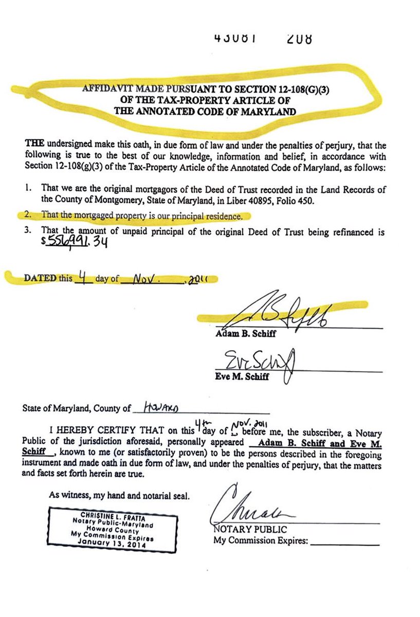 nicksortor's tweet image. 🚨 Adam Schiff’s case is an absolute LAY-UP for the DOJ
BUT THEY MUST PROSECUTE!
This is BLATANT mortgage fraud, and it’s possible he committed tax AND insurance fraud as well.
The case is simple:
➡️ Schiff himself signed a notarized affidavit stating the Maryland residence…