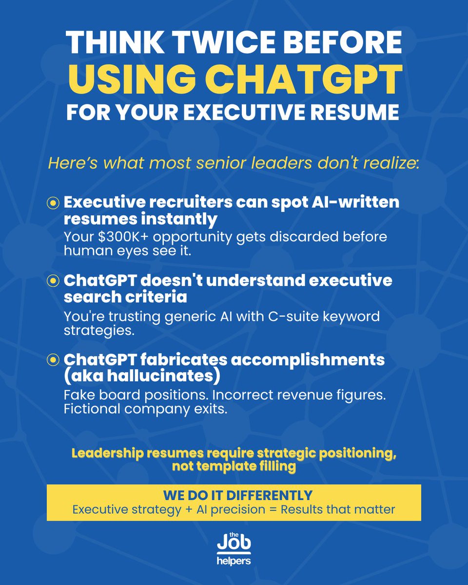 If your resume sounds AI-written, it’s costing you credibility. Recruiters can tell. We don’t do shortcuts, we build executive brands that get results. Upload: shorturl.at/7RhfV or email info@thejobhelpers.com
#executiveresume #jobhelpers