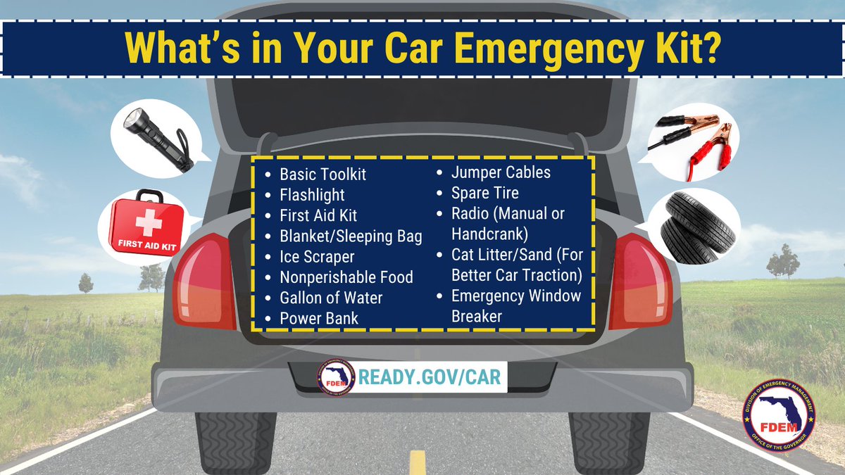FLSERT's tweet image. 🚗 Traveling this summer? Stay prepared at home & on the road with a car emergency kit!
Learn more at Ready.gov/Car & look below for more kit inspiration.⤵️