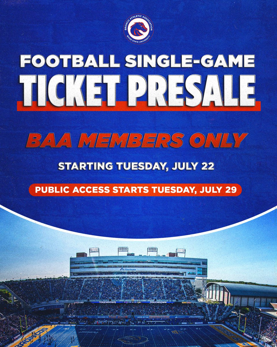 BoiseStateBAA's tweet image. Get early access to single-game tickets by joining the BAA!
Secure your seats even earlier by purchasing season tickets or a mini-plan today.
🔗: bit.ly/BAAJoin
🎟️ : bit.ly/BoiseStateFB
#BleedBlue | #WhatsNext