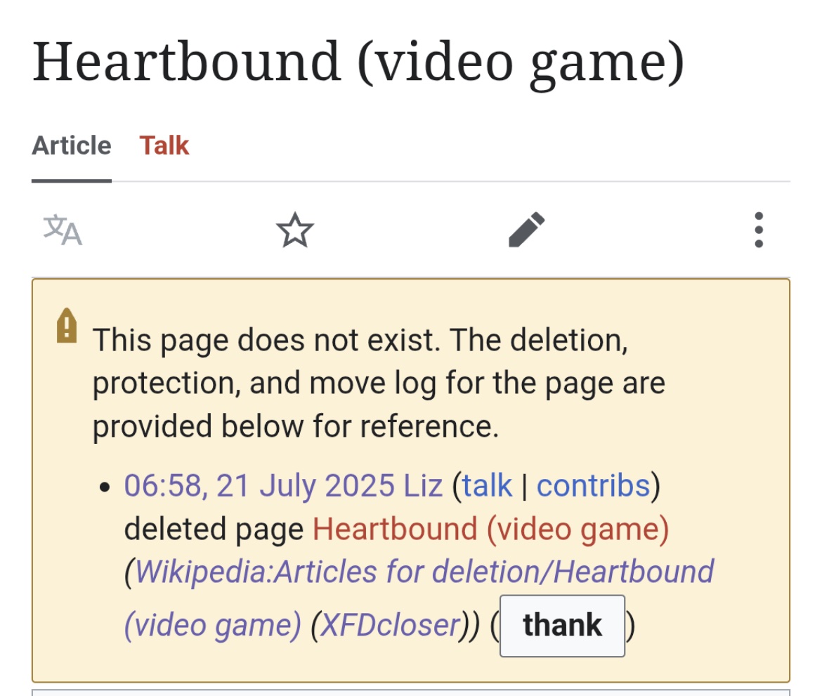 Pirat_Nation's tweet image. Heartbounds Wikipedia page has been deleted
What happened?