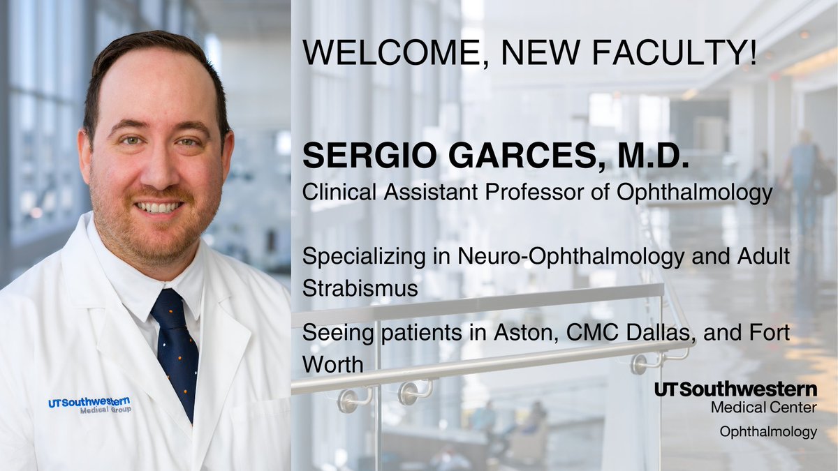UT Southwestern Ophthalmology (@utswophth) on Twitter photo Join us in welcoming Sergio Garces, M.D., to the department!
Dr. Garces recently completed a pediatric ophthalmology fellowship with us, and we are thrilled he decided to stay in Dallas as part of our neuro-ophthalmology service. 
Welcome, Dr. Garces! #neuroophthalmology Join us in welcoming Sergio Garces, M.D., to the department!
Dr. Garces recently completed a pediatric ophthalmology fellowship with us, and we are thrilled he decided to stay in Dallas as part of our neuro-ophthalmology service. 
Welcome, Dr. Garces! #neuroophthalmology